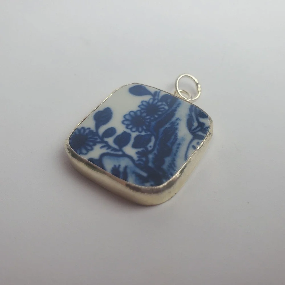 Blue Willow Sunflowers Vintage Broken China Pottery Shard Pendant Square Jewelry